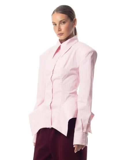 Women's Collar Striped Shirt with Asymmetrical Hem and Waist Cinching 2026 Spring summer Fashionable Casual Office...