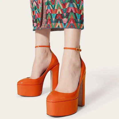 Women New European And American Style Super High Heels Patent Leather Round Toe Thick Sole Large Size Thick Heel Shoes