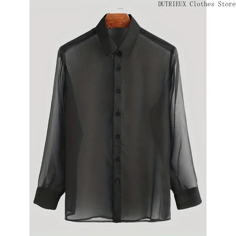 Men's Summer Black Thin See-through Clothes Men's Casual Shirt Breathable Blouse Night Bar Club Sexy Costume - Kimlud