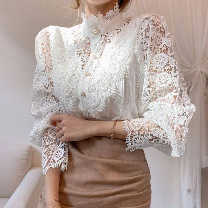 Spring Elegant Lace Office Shirt Women's Blouse Long Sleeve Button Up Blouses Tops 2025 Spring Fashion Casual Ladies Shirts Top