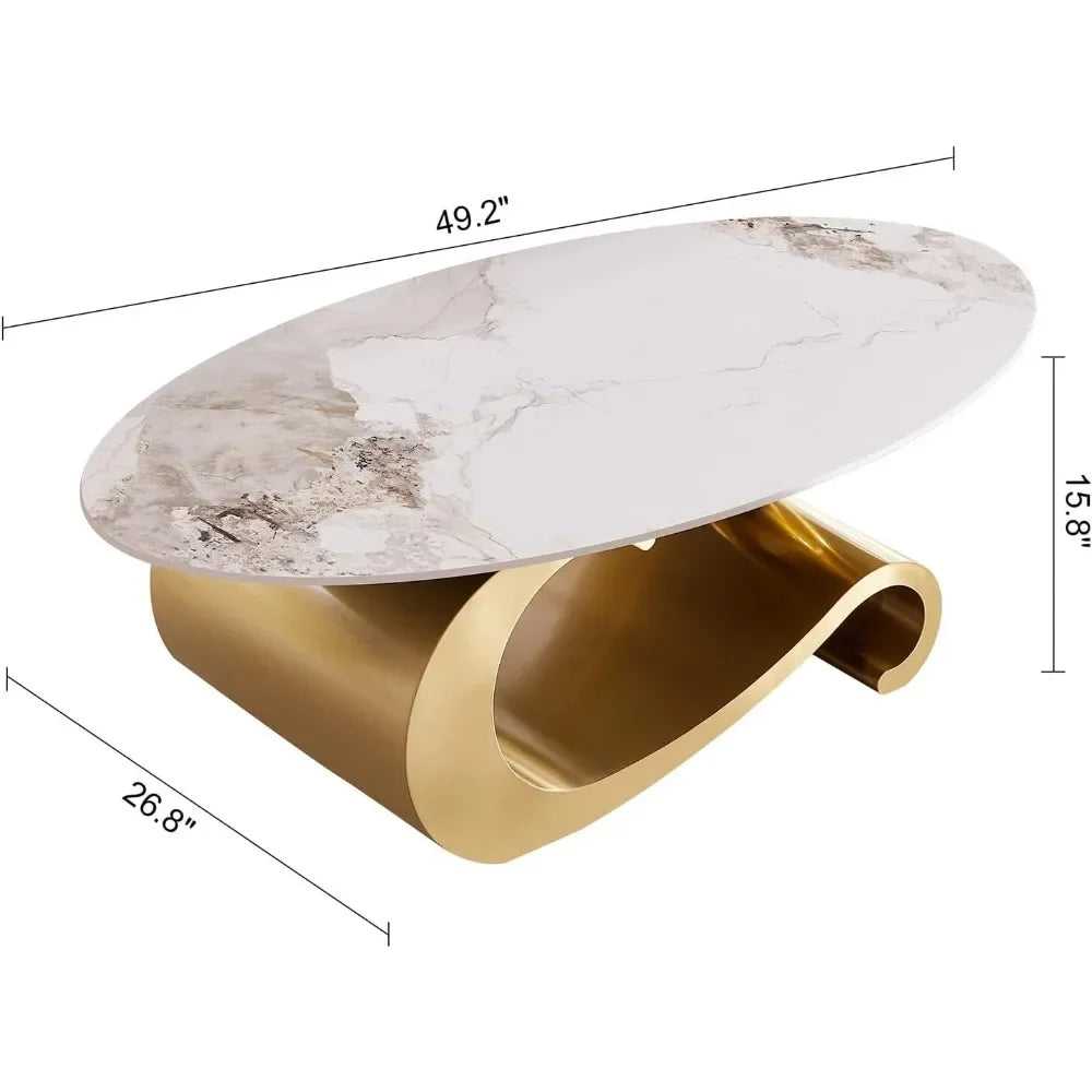 49.2-Inch Modern Oval Faux Marble Coffee Table with Sturdy Gold Metal Base - Luxury Living Room Furniture for Home Decor - Kimlud