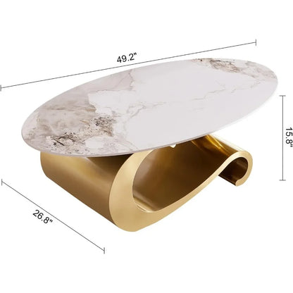 49.2-Inch Modern Oval Faux Marble Coffee Table with Sturdy Gold Metal Base - Luxury Living Room Furniture for Home Decor - Kimlud