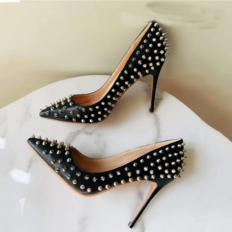 Veowalk Silvet Gold Revits Women Sexy 12cm Pointed Toe High Heels Ladies Shallow Stiletto Pumps Shiny Wedding Party Dress Shoes