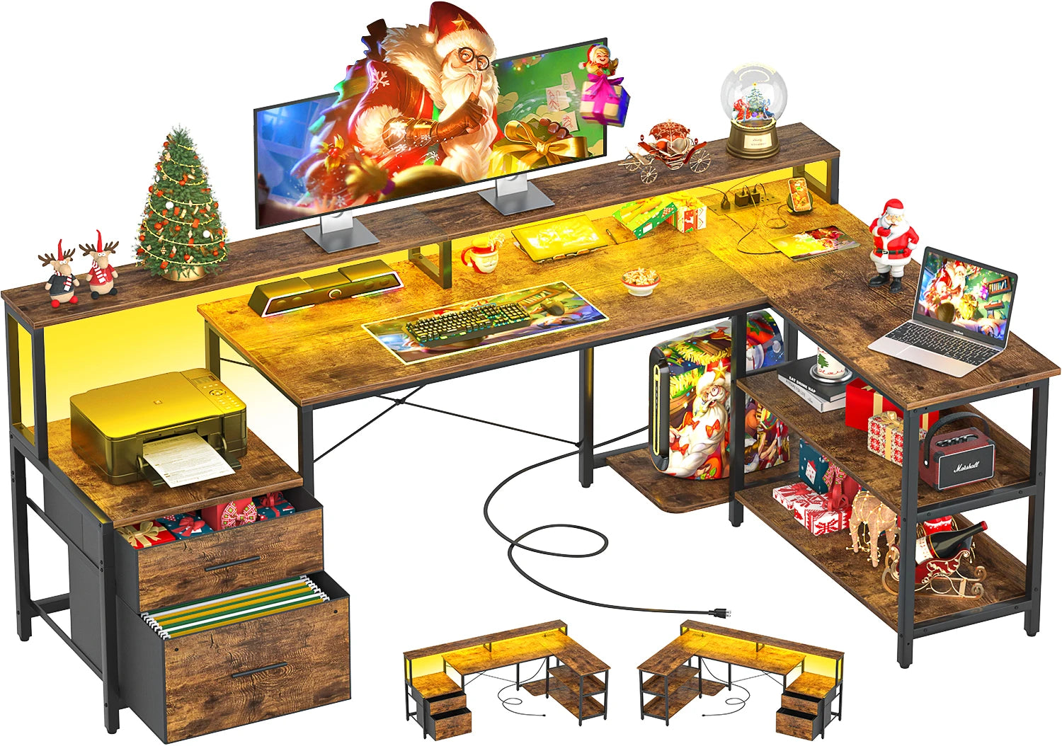 Aheaplus Reversible L Shaped Desk / Home Office Desk / Gaming Desk with File Drawer & Power Outlet & LED Strip - Kimlud