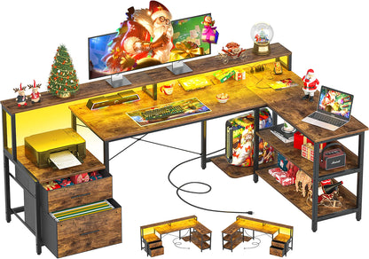 Aheaplus Reversible L Shaped Desk / Home Office Desk / Gaming Desk with File Drawer & Power Outlet & LED Strip - Kimlud