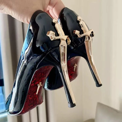 High Heels, Pointed Red Sole, Sharp Blade, Scepter, Patent Leather, Metallic, Sexy, Ladies in Arms, High-end Black...