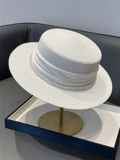 2025 Summer Elegant Pearl Chain Flat Sun Hats for Women Chapeau Feminino Straw Hat Panama Wide Brim Anti-UV Beach Cap...