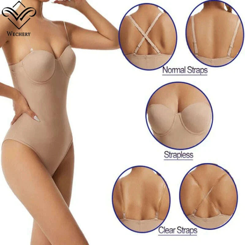 Wechery Women's Bodysuit Slimming Body Shaper Tummy Control Shapewear Detachable Shoulder Strap Female Underwear