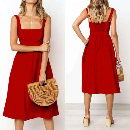 Sexy Square Neck Solid Color Midi Dress Spaghetti Straps Sleeveless Summer Loose Dress Elegant Party Dresses For Women платье