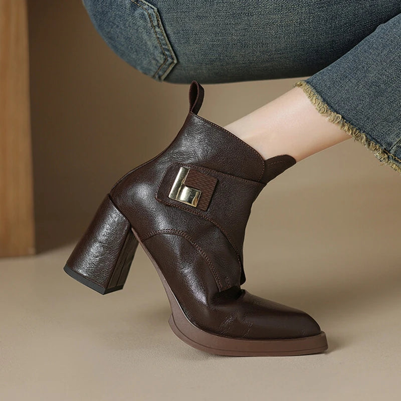 NEW Autumn/Winter Women Boots Genuine Leather Shoes for Women Pointed Toe Chunky Heel Shoe High Heel Modern Boots Platform Shoes
