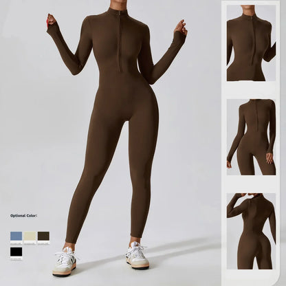 Yoga Jumpsuit Women Seamless Sports Zipper Jumpsuit Set Gym Long Sleeve Fitness Suit Elastic Gym Workout Bodysuit Athletic Wear - Kimlud