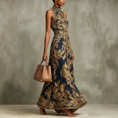 Baroque Print Halter Neck Maxi Dress Sleeveless High Waist A-Line Formal Evening Gown Elegant Vintage Party Dress for Women