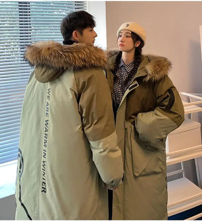 Men's Parkas Hooded Down Jacket Couple Mid-length Over-the-knee Loose Animal Fur Collar Jackets Zipper Pockets Thick Tops Coat