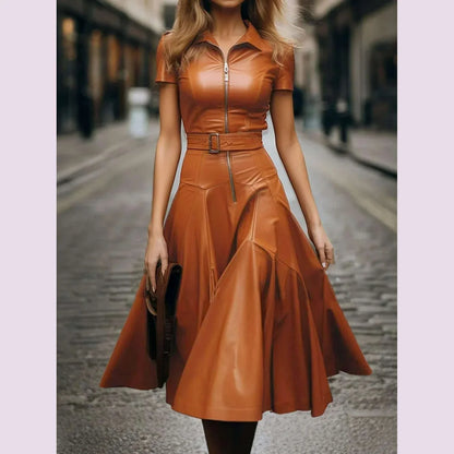 Womens Shirt Collar Dresses PU Leather Midi Dress Elegant Brown Summer Zipper Short Sleeve Skinny Belted Midi Dress 2025