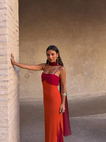 Women Color Blocking Scarf Collar Sling Dress Sexy Waist Cinching Split Bodycon Slim Fit Dresses 2026 Lady Highstreet...