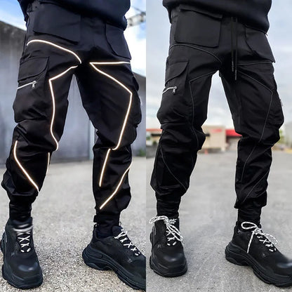 Mens Casual Black White Patchwork Cargo Pants Loose Plus Size Striped Multi Pocket Jogging Sports Fitness Hip Hop Jogger Trouser - Kimlud