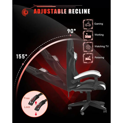 Ergonomic High-Back Gaming Chair with RGB Lighting, Reclining Seat for Adults and Kids, Lumbar and Headrest Support (Black/White