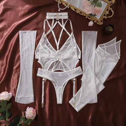 Ellolace Premium Lingeries Sexy Hot Tempted Intimate Bra Thong 2PC Set with Accessories Fantasy Sheer Daring Lingerie For Women