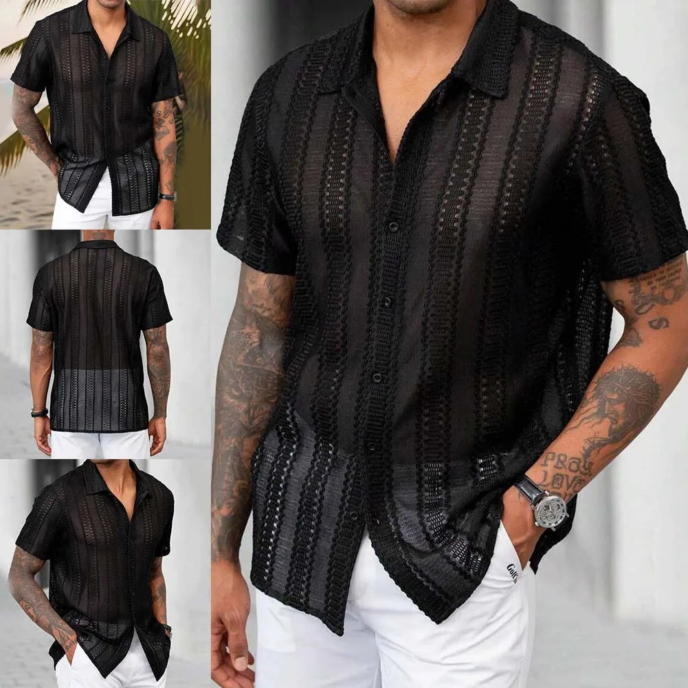 Black As Pictures Show Men s Summer Mesh Shirt Lace Shirt For Men Slight Stretch Solid Color Brand New Regular Length - Kimlud
