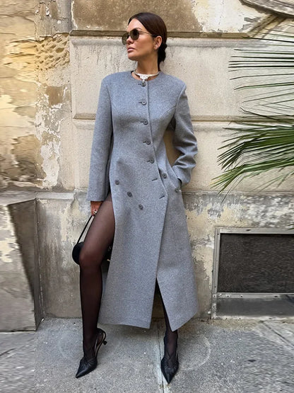 Women's Long Grey Woollen Coat O-neck Full Sleeve Asymmetric Button Design Elegant Silhouette Warm Outerwear 2025 Autumn Coat