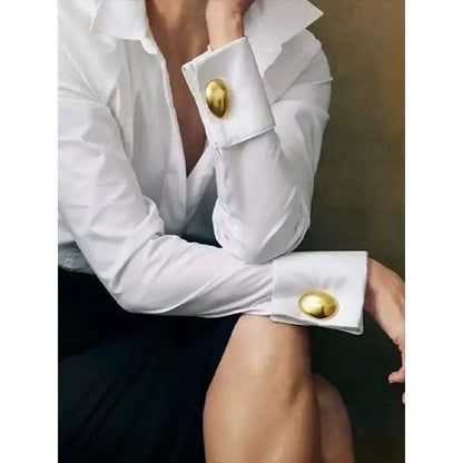 2025 Women's Shirts Office Lady Long Sleeves Solid Color Gold Button Spring Summer Classic Shirt Blouse Woman Clothing