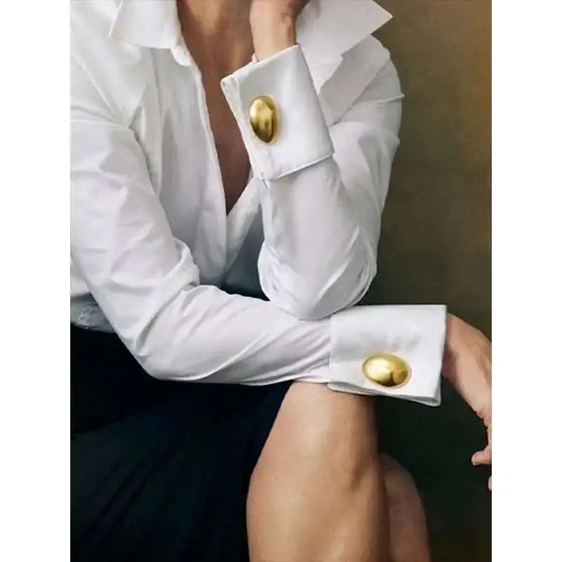 2025 Women's Shirts Office Lady Long Sleeves Solid Color Gold Button Spring Summer Classic Shirt Blouse Woman Clothing