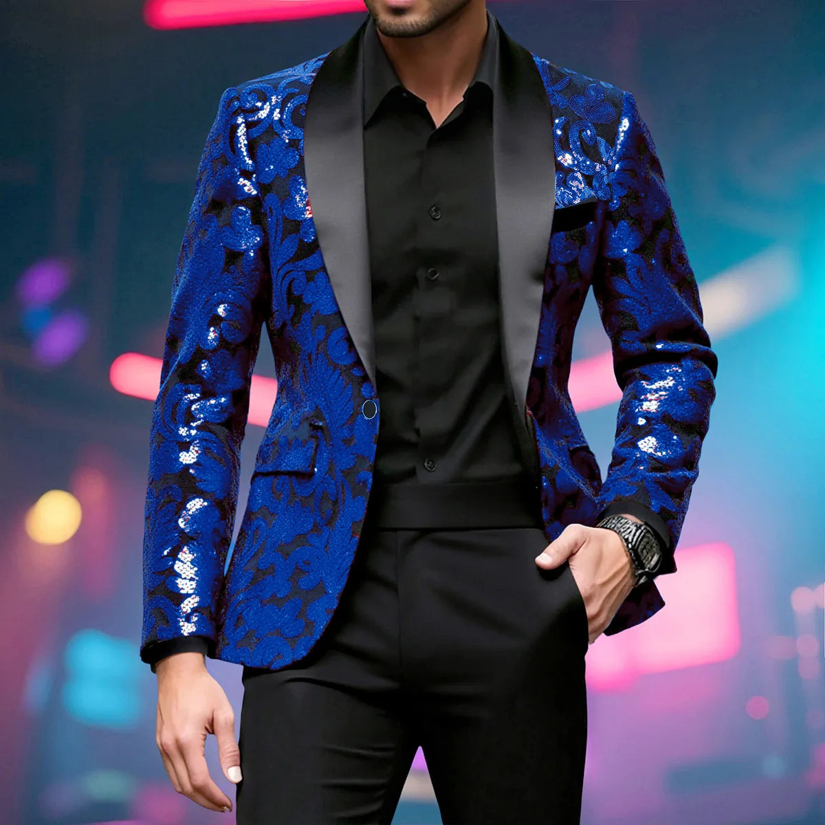 Shiny Sequin Embellished Single Button Stage Performance Outerwear in Blue Gold Green Purple Options for Men's Red Suit...