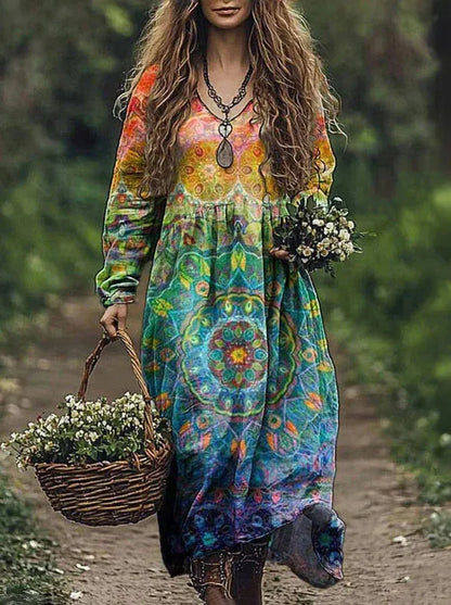 Boho Vintage Print Long Dresses For Women 2025 Casual V Neck Full Sleeve Splice High Waist Loose Dress Autumn Fashion Vestidos - Kimlud