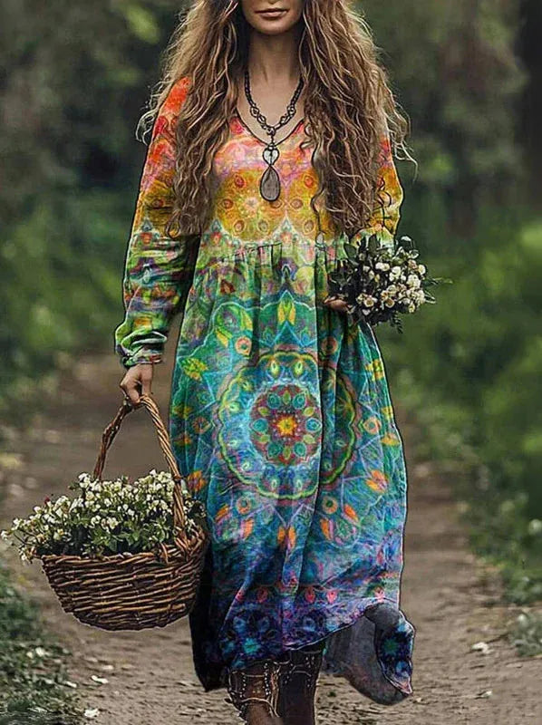 Boho Vintage Print Long Dresses For Women 2025 Casual V Neck Full Sleeve Splice High Waist Loose Dress Autumn Fashion Vestidos - Kimlud