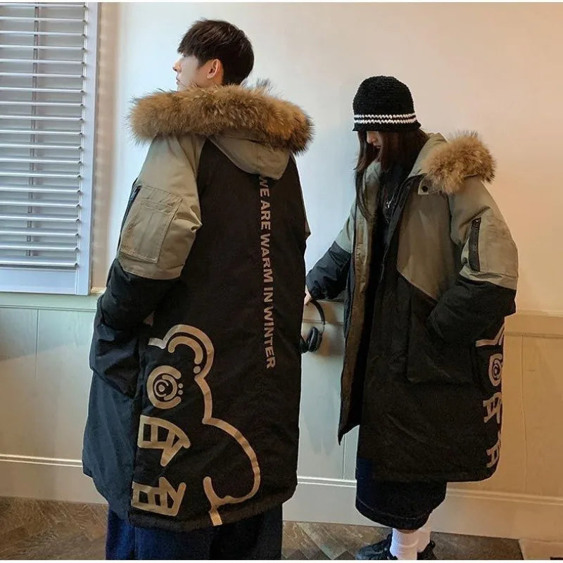 Men's Parkas Hooded Down Jacket Couple Mid-length Over-the-knee Loose Animal Fur Collar Jackets Zipper Pockets Thick Tops Coat