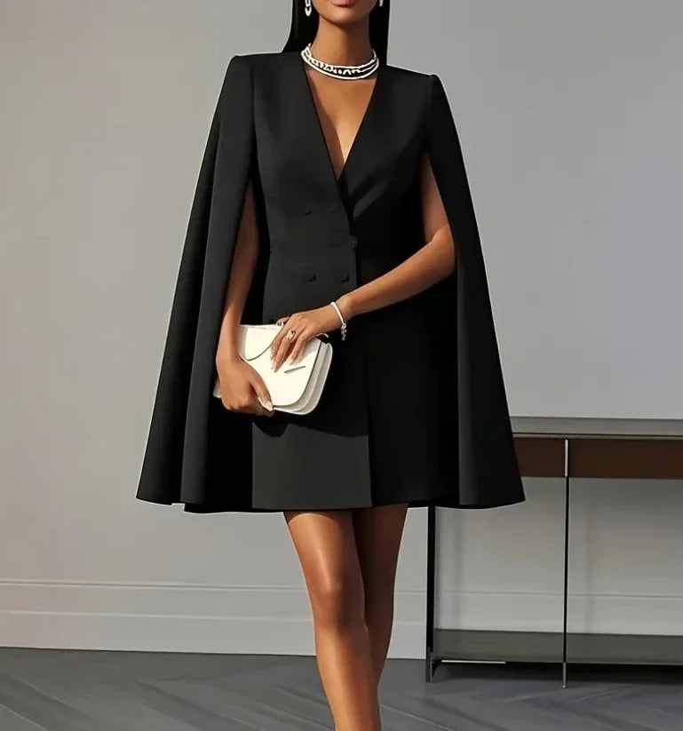 Women Dresses 2025 Spring Autumn New Commuting Double Breasted Shawl Cape Solid Color V-Neck Mini Dress Fashion Women's Clothing - Kimlud