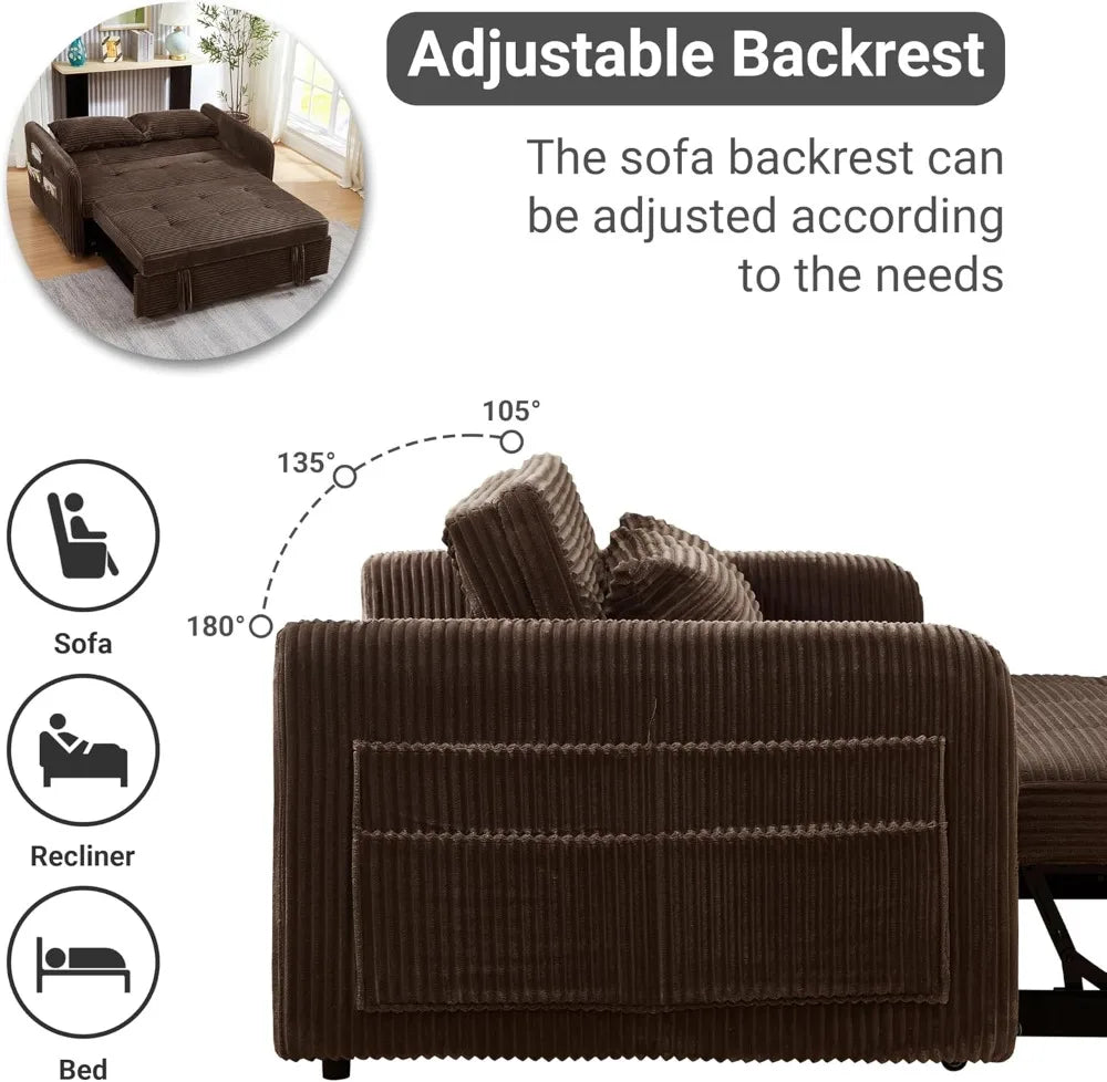55.5" Corduroy Convertible Sofa Bed, Pull Out Sleeper with USB Ports, 3-in-1 Loveseat for Living Room, Apartment - Kimlud