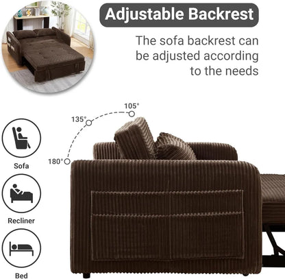 55.5" Corduroy Convertible Sofa Bed, Pull Out Sleeper with USB Ports, 3-in-1 Loveseat for Living Room, Apartment - Kimlud