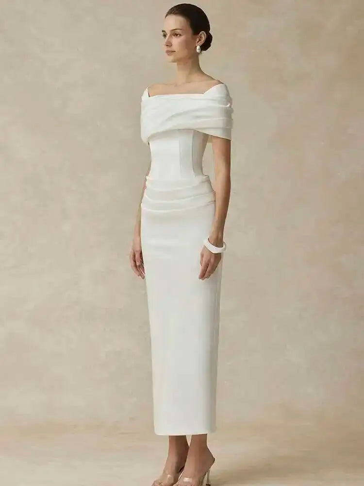 DEAT Elegant Dress Slash Neck Pleated Back Split Slim Hip Warp Long Women's Evening Party Dresses 2026 Winter New Tide...