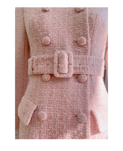 IEQJ Fashion Autumn Pink Woolen Coat Women Turn-Down Collar Double Breasted Sashes Tighten Waist Slim Blends Coat New