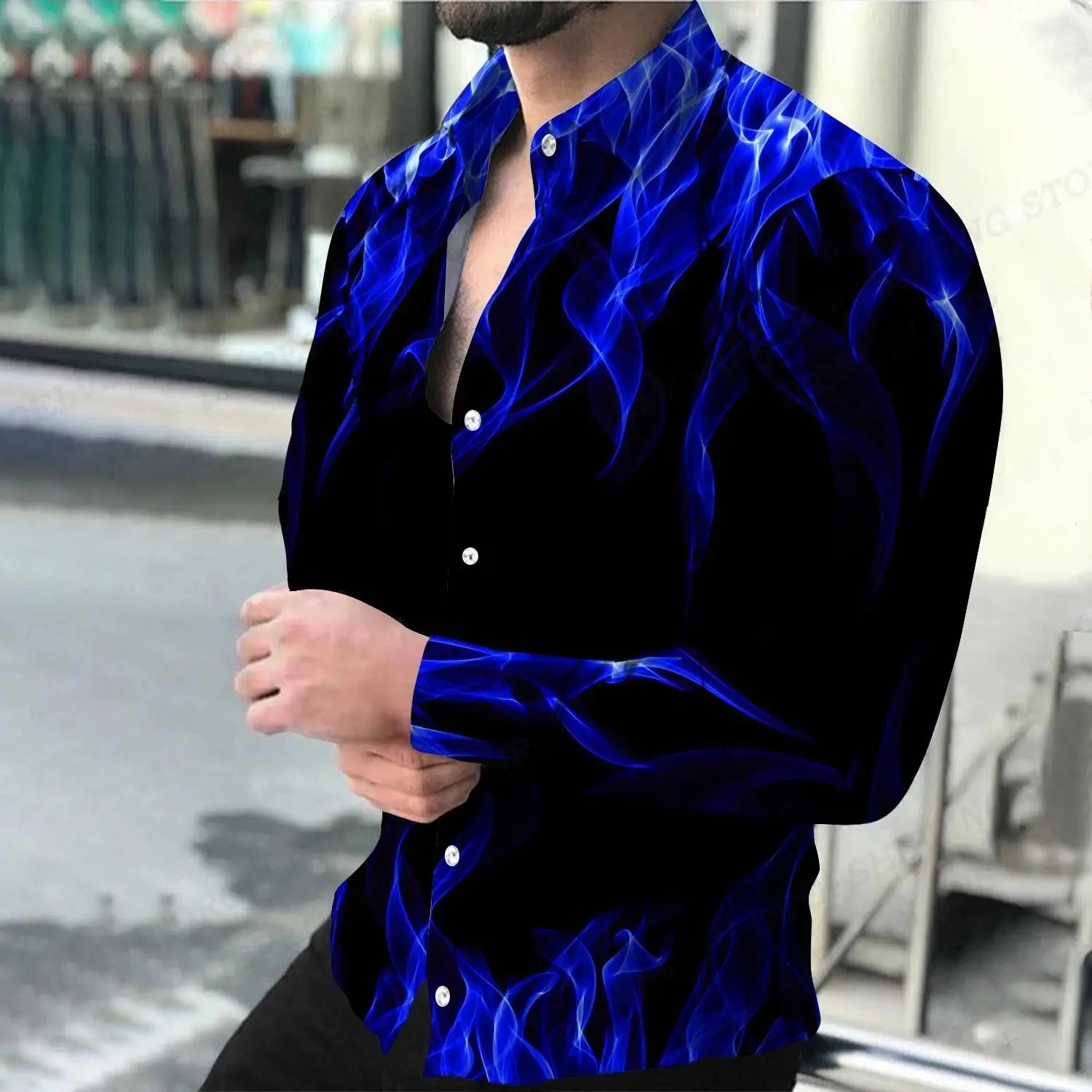 Multicoloured Flame Print Men's Turn-down Collar Button Shirt Casual Long Sleeve Shirt Fashion Streetwear Trend Tops Men Clothes - Kimlud