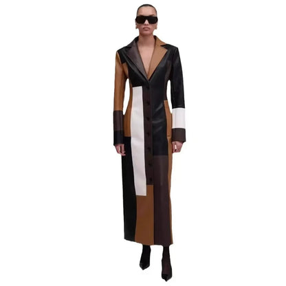 Vintage Style V Neck Long Jackets Fashion Trench Turn-Down Collar Patchwork Single Button Long Sleeve Long Trench Coat for Women