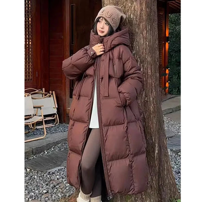 Women's Down Cotton Padded Jackets Korean Thickened Warm Long Overcoat Solid Hooded Overall Topcoat 2024 Winter