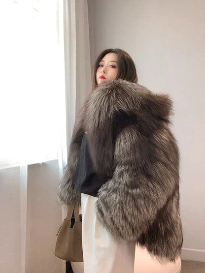 Real Natural Silver Fox Fur Coat Highend Quality Hood Genuine Women Winter Luxury Female Jacket Long Sleeve