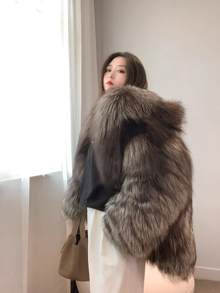Real Natural Silver Fox Fur Coat Highend Quality Hood Genuine Women Winter Luxury Female Jacket Long Sleeve