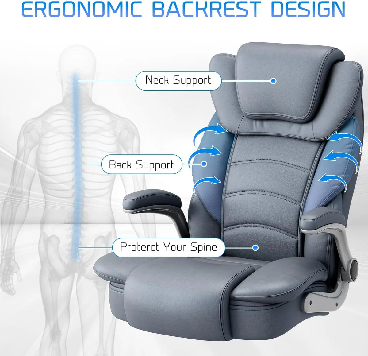 Office Chair 400lb Wide Seat, Ergonomic High Back Leather Executive Desk Chair with Flip-up Arms, Gray/Blue | Kimlud...
