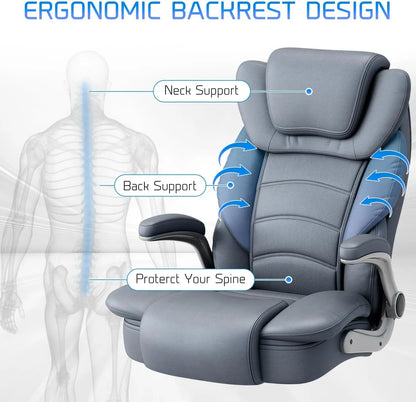 Office Chair 400lb Wide Seat, Ergonomic High Back Leather Executive Desk Chair with Flip-up Arms, Gray/Blue | Kimlud...