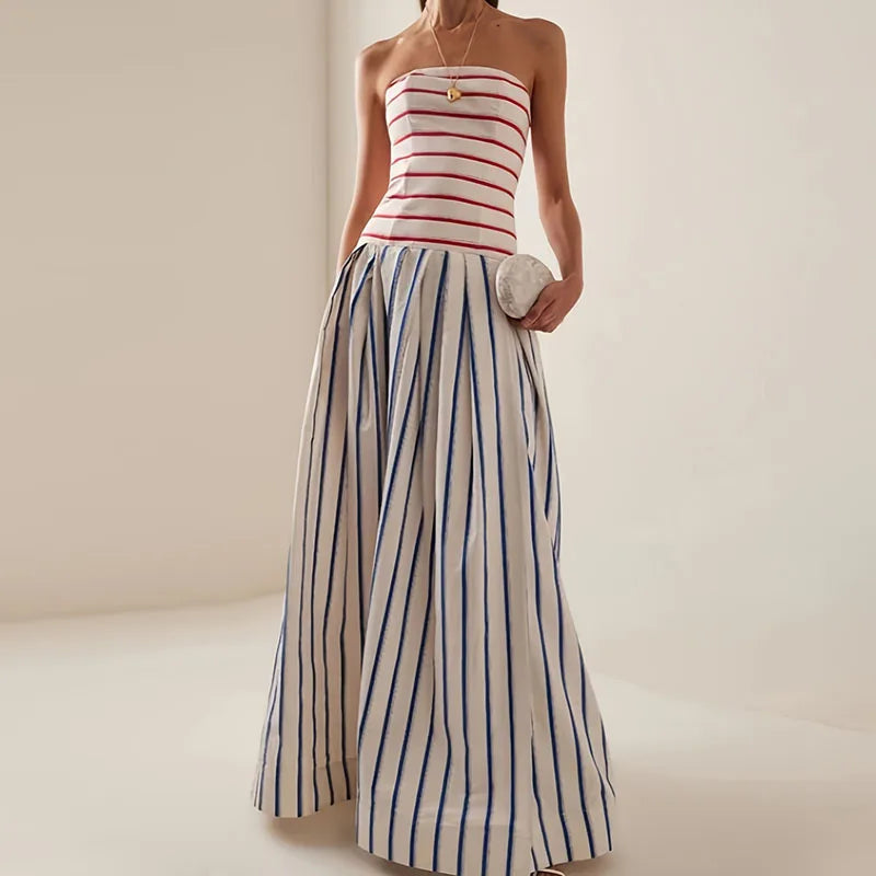 Sexy Strapless Backless Women Maxi Dress Elegant Contrast Striped Print Hollow Long Dress Spring Summer High Waist Evening Dress - Kimlud