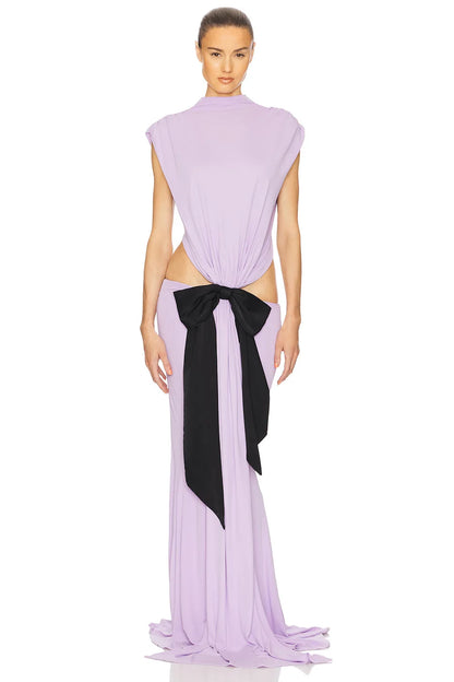 Sexy Elegant Backless Bow Lace Up Maxi Dress Women Sleeveless Hollow Out Party Evening Long Dresses White Purple Robes