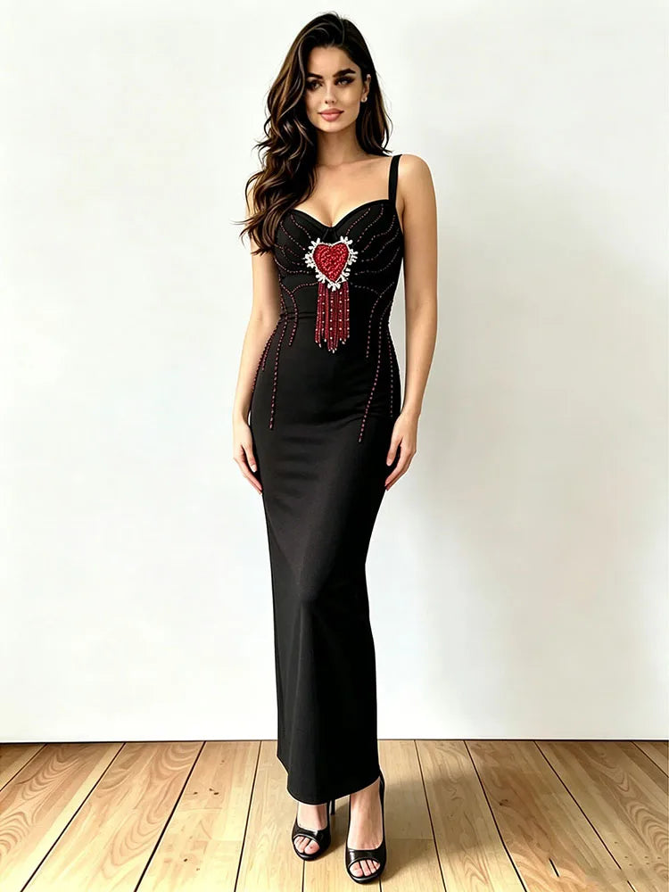 Sexy Spaghetti Strap Rhinestones Beads Tassels Bandage Dress Women Black Sleeveless Bodycon Dresses Maxi Evening Party...
