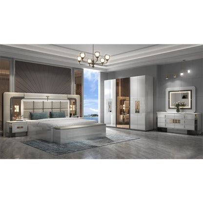 A Luxury Home Wood Frame Double King Size Bed Room Suite Lighted Headboard Full Set Modern Wooden Furniture Bedroom Sets