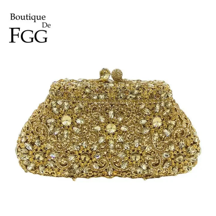 Boutique De FGG (in stock) Flower Crown Clutch Silver Crystal Evening Handbag Women Party Prom Bag Bridal Clutches Wedding Purse - Kimlud
