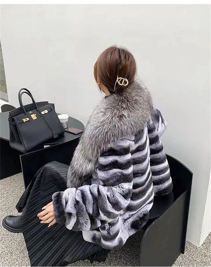 Natural Rex Rabbit Fur Coat for Women, Monochromatic Hood, Thickened and Warm, Large Fox Fur Collar, 100% Pure, New, Winter, 202