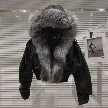 DEAT 2023 Balck Winter Women New Fur Collar Liner Real Rabbit Hair Multi Pocket Short Jacket Cotton Hooded Casual Coat RC235