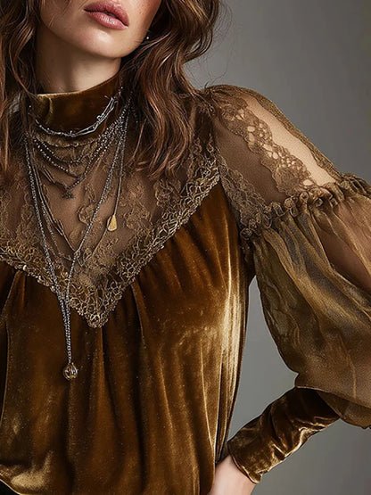 Lace Sheer Sexy Velvet Women Blouse Brown Round Neck Puff Sleeve Elegant Slim Female Autumn Top Fashion High Street Chic Shirts